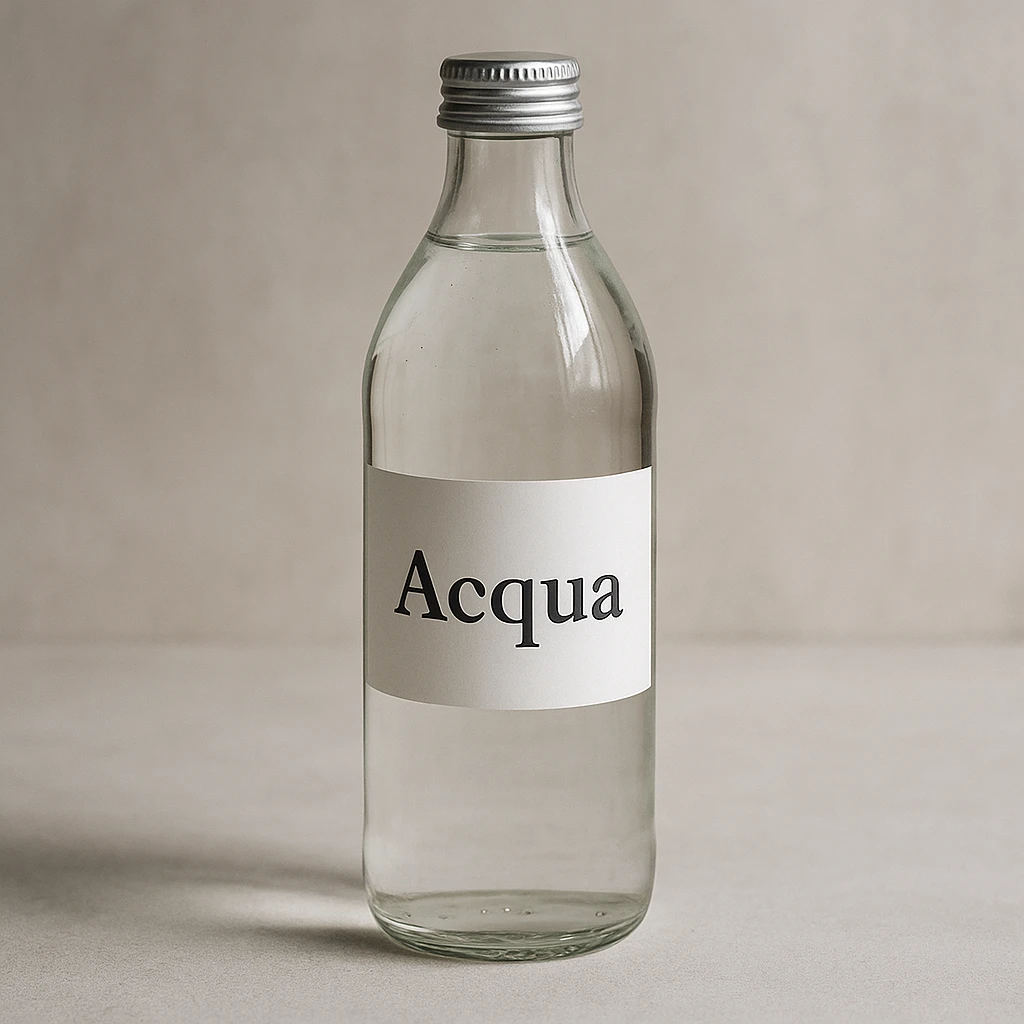 photo realistic glass water bottle with label 'Acqua' in Italian emoji