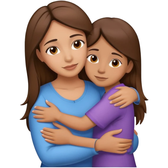 Hispanic mother hugging daughter with straight brown hair hugging emoji