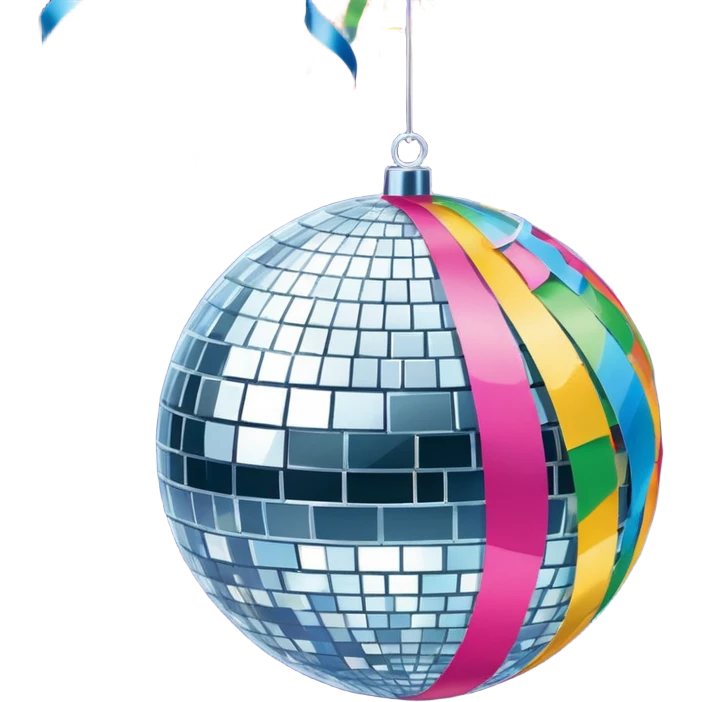 emoji: shiny disco ball with salesmail logo and streamers for New Year's emoji