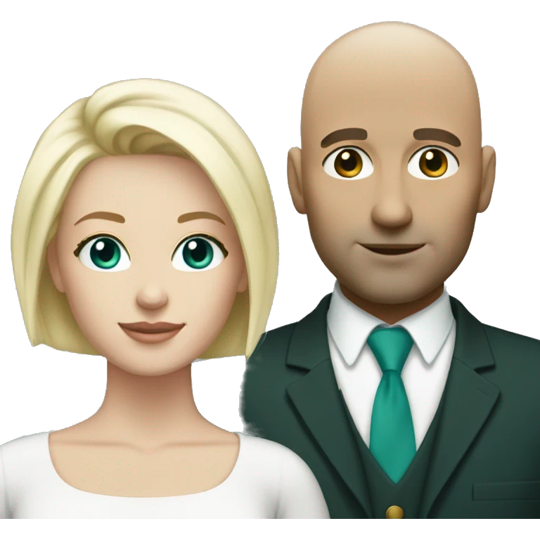 Couple. White skin. Male bald. Woman blonde. 35. Teal eyes.  emoji