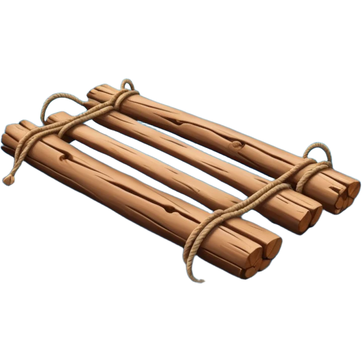 showing a simple wooden raft floating on calm blue water — made of several brown logs tied together with rope — gentle ripples around it — bright, cheerful lighting and soft shadows — minimalist, clean emoji design emoji