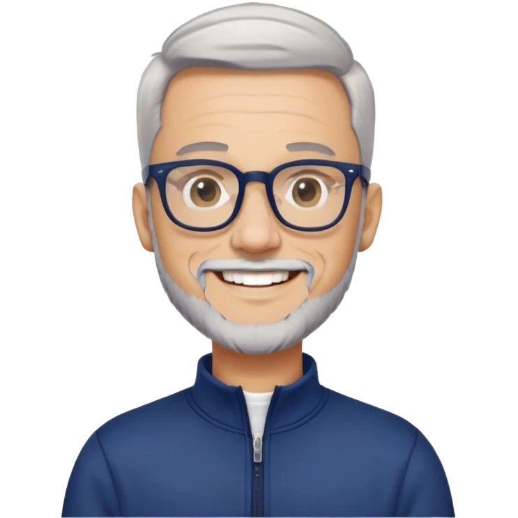 Light-skinned man with tight fade haircut (nearly shaved sides fading to very short on top), short graying beard, big black glasses frames, happy smile, navy blue zip-up sweatshirt with long sleeves emoji