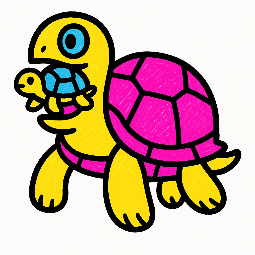 a stylized turtle with another turtle in its mouth, bold colors, pop colors style emoji