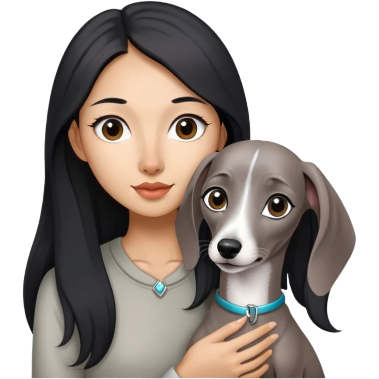 Slim Chinese girl with long black hair holding solid grey Italian greyhound with no white markings on nose emoji