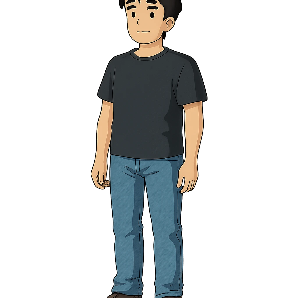 full-body man standing, black hair, wearing jeans and a black t-shirt, centered, transparent background, in Ghibli style emoji