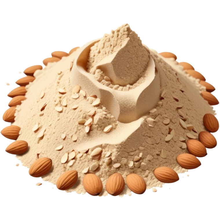 small pile of almond powder, finely ground, off-white to pale beige, grainy, uneven surface, soft lighting, subtle shadows, no bowl, no utensils, no faces, transparent background, emoji scale emoji