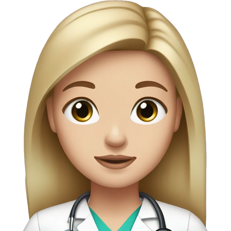 white girl, green-blue eyes, light brown straight hair, pink scrubs, pink lips, doctor emoji
