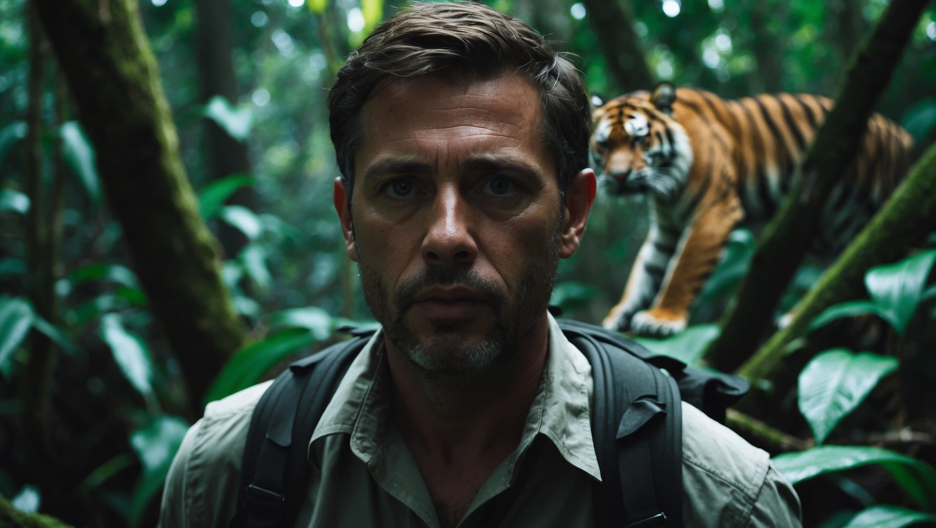 cinematic still, documentary photography, amazon jungle, well lit scene, man is exploring the jungle, close up, front shot, rule of thirds, tiger in background sneaking trying to jump on man emoji