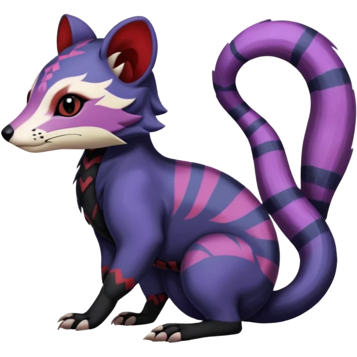 Rare warm-colored exotic gloomy tropical edgy cute epic aesthetic spooky indigo purple white black red gothic colorful Salandit-Furret-Civet-species-Fakemon-hybrid-creature, with tribal tattoo markings, full body emoji