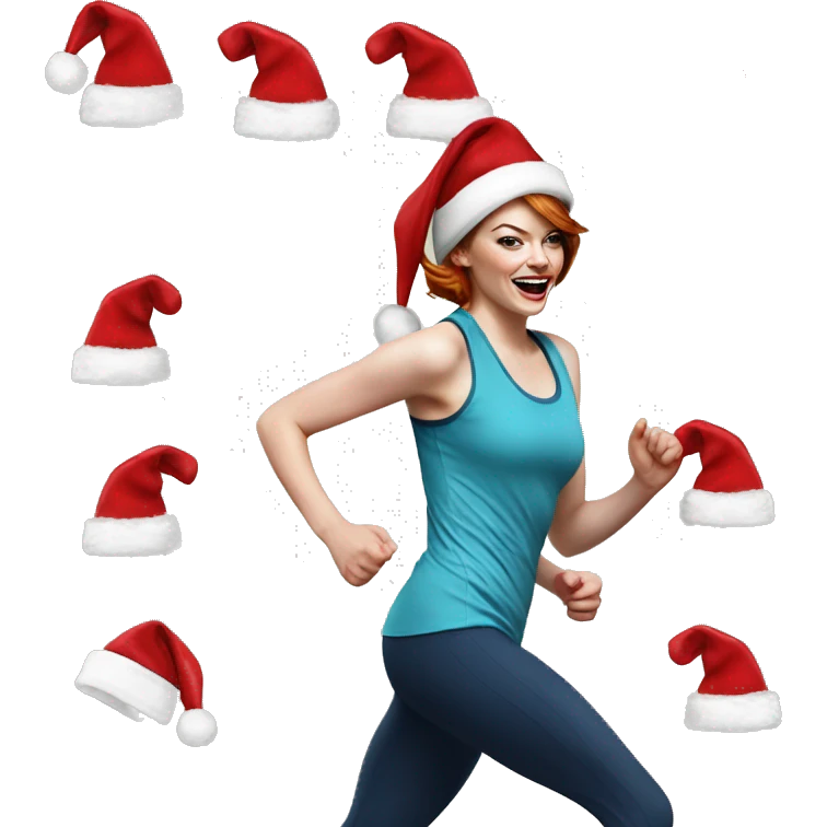 Emma stone running wearing a santa hat emoji