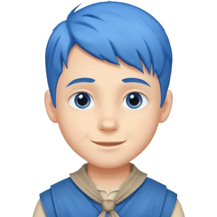 very handsome boy big blue eyes, scout boy with, blue hair  emoji