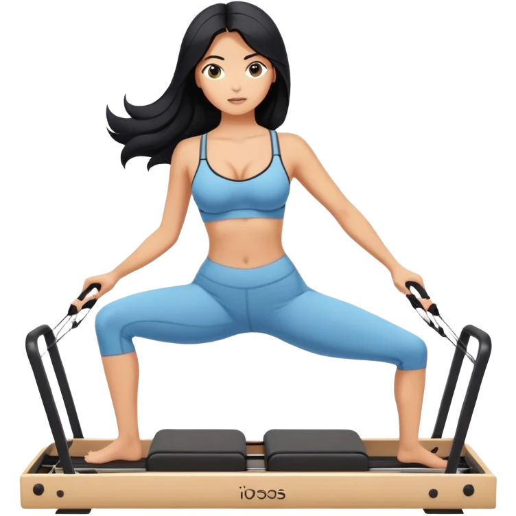 woman with bra, tanned long black hair, doing Pilates reformer emoji