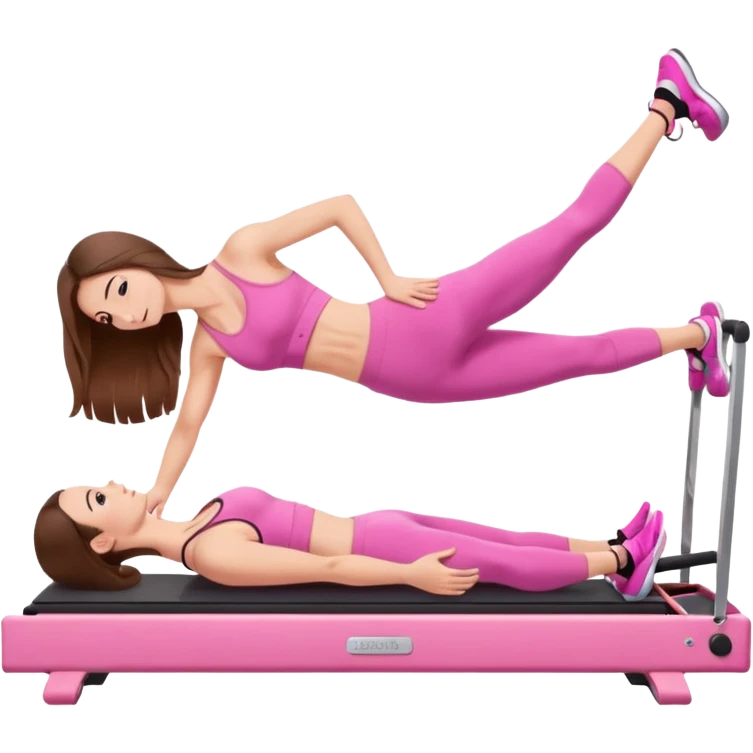 long brown hair girl doing a plank on a pilates reformer in a pink workout set emoji