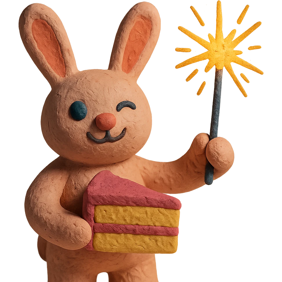 bunny holding cake slice and sparkler, winking, claymation style emoji