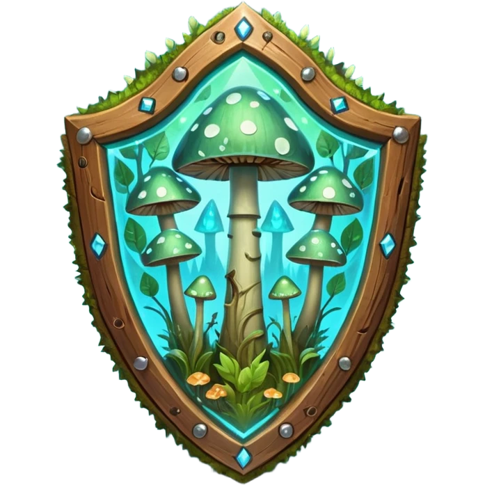 magical mushroom shield object icon, shield crafted from mushroom bark, glowing spores, fantasy forest design, soft green-blue aura, 3D cartoon, mobile game icon style, centered, clean background, no text, no watermark
 
 emoji
