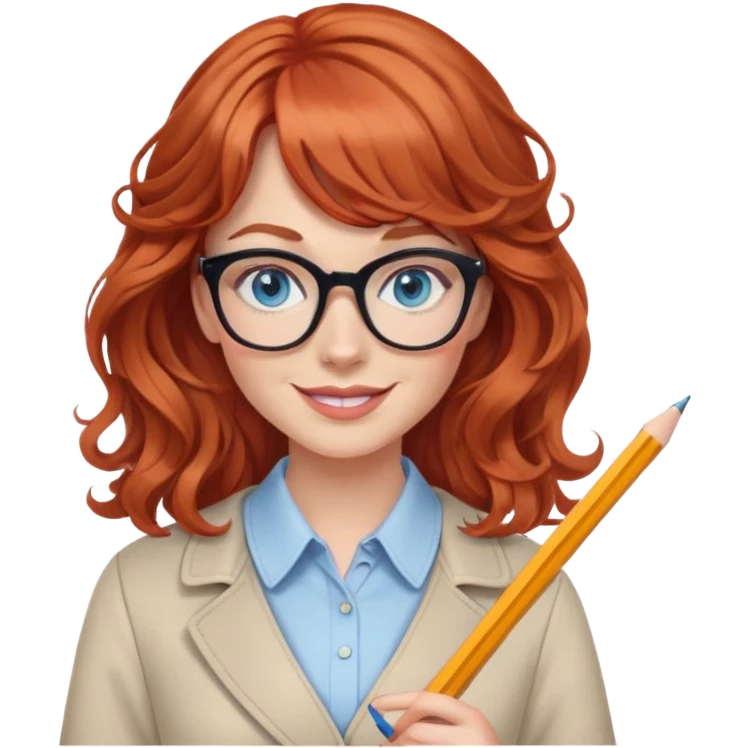 redheaded woman with wavy hair and bangs, blue eyes, glasses, chic outfit, holding a pencil, smiling emoji