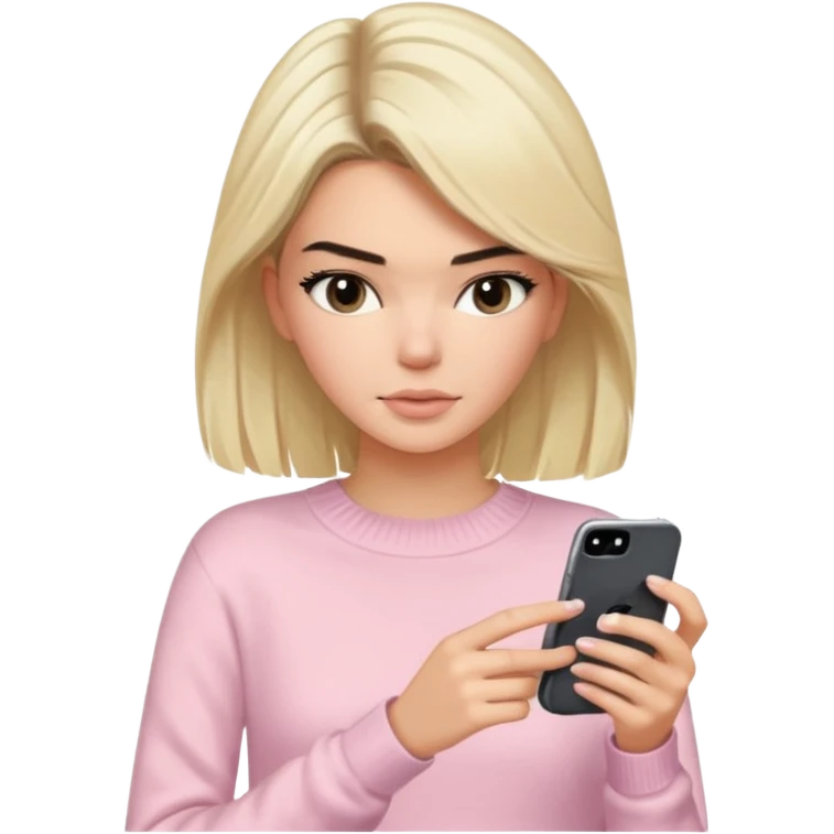 Kendall Jenner with blonde hair and a light pink sweater typing in a iphone emoji