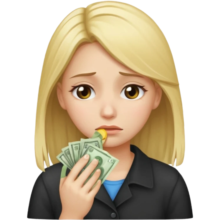 Девушка со светлыми волосами грустная плачет и вытирает слезы купюрой денег emoji