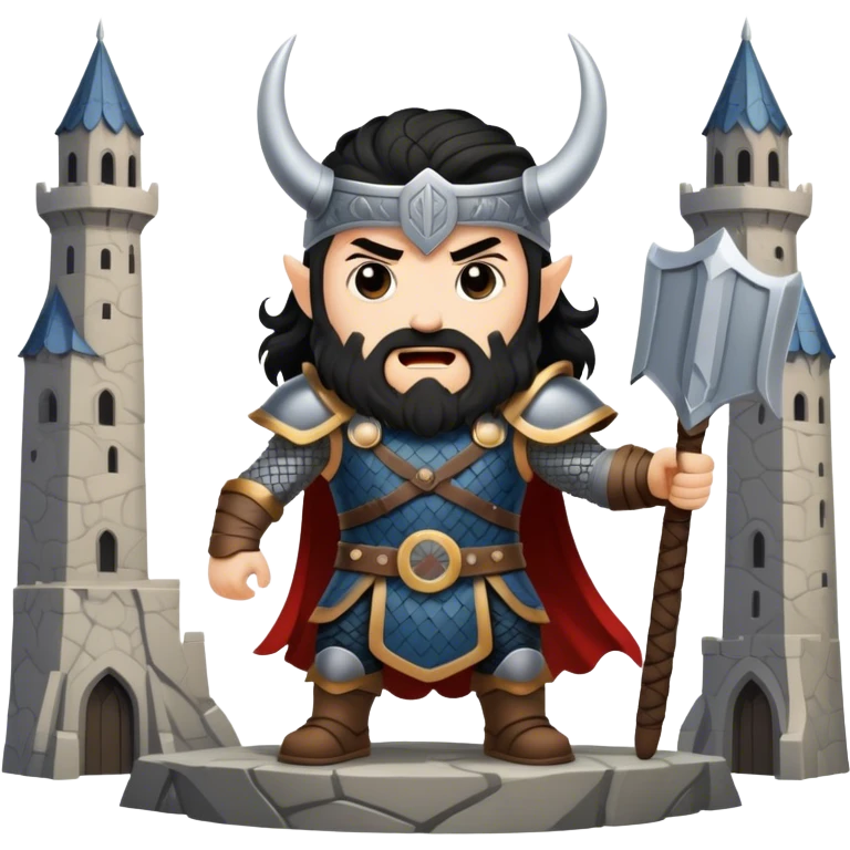 vikingo con armadura de Asgard, pelo negro ondulado, de pie, grito de guerra en torre de Asgard. emoji