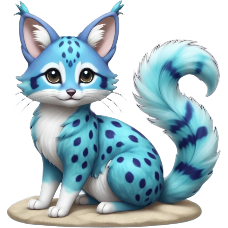 Hyper realistic  galaxy-swirl indigo-teal fur scattered with star-salt sparkle grains beautiful elegant pretty precious cute  Fakémon-Pokémon-opossum-feline-serval-caracal-chinchilla-Furret-Minccino-hybrid-creature with a big fluffy bushy tail (full body) emoji