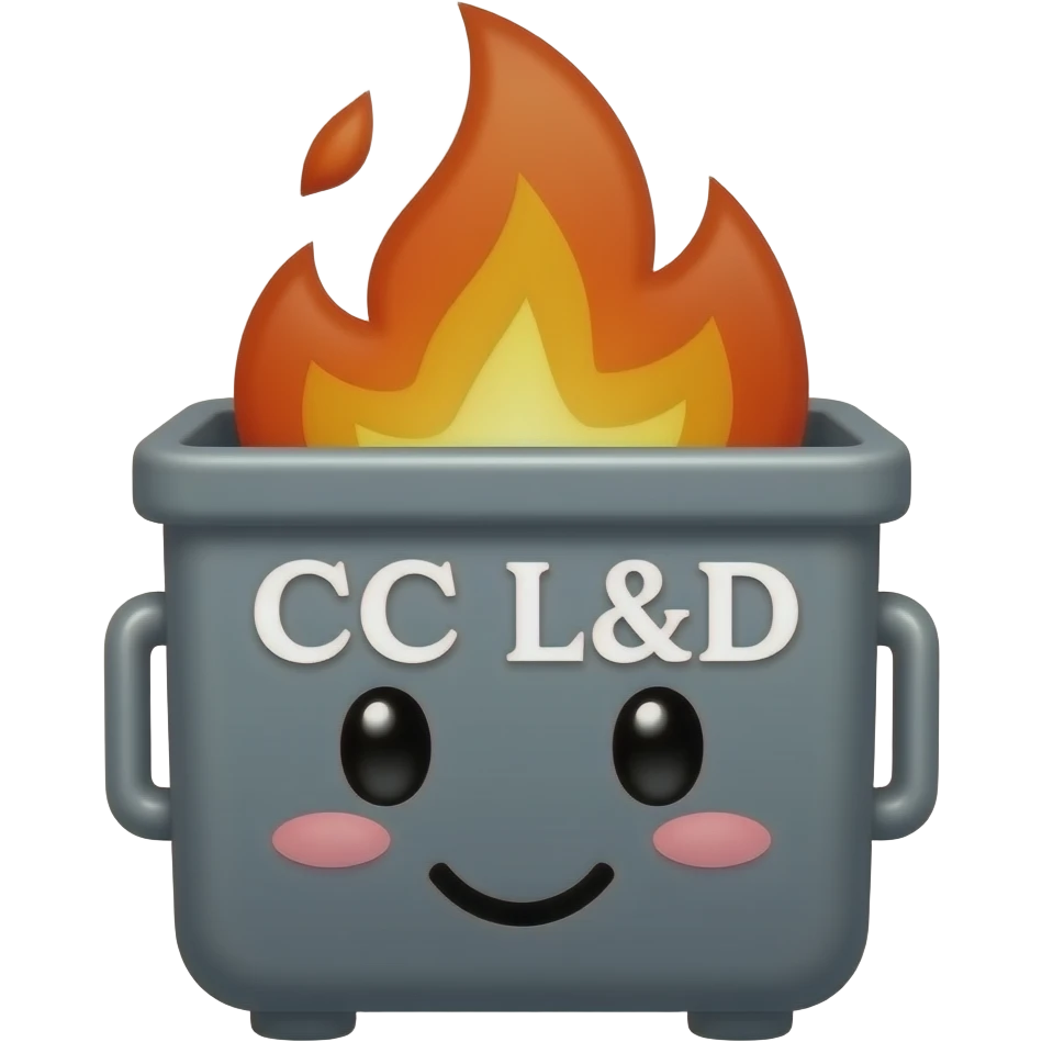 a dumpster fire with a cute face on the front and the words CC L&D emoji