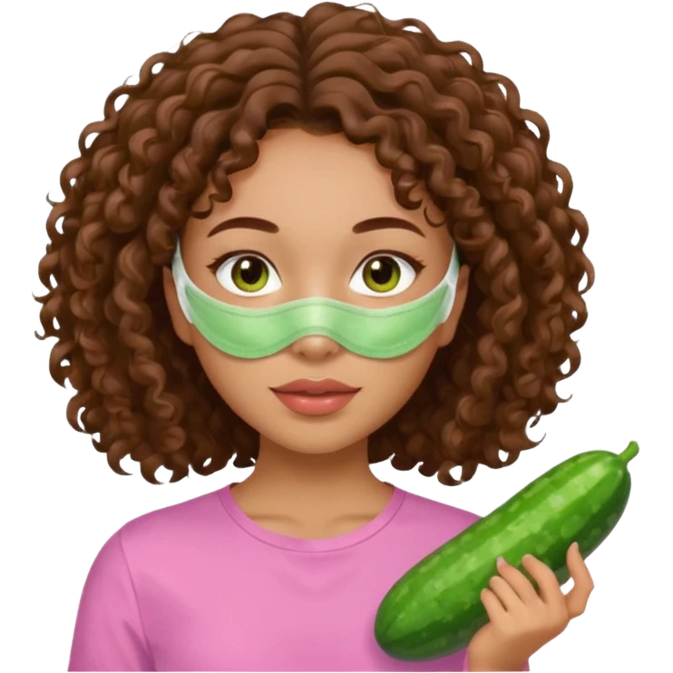 lightskin girl with green skincare facemask and cucumbers and brown curly hair and a pink shirt  emoji