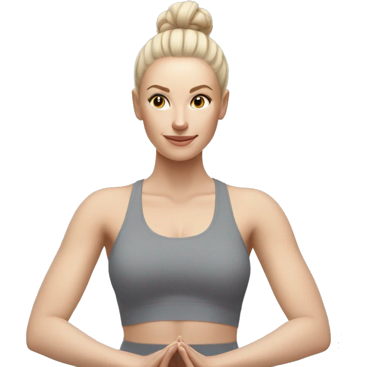 Pale skinned fit woman In a gray tight yoga suit and wristbands With ash blonde hair in a bun doing yoga emoji