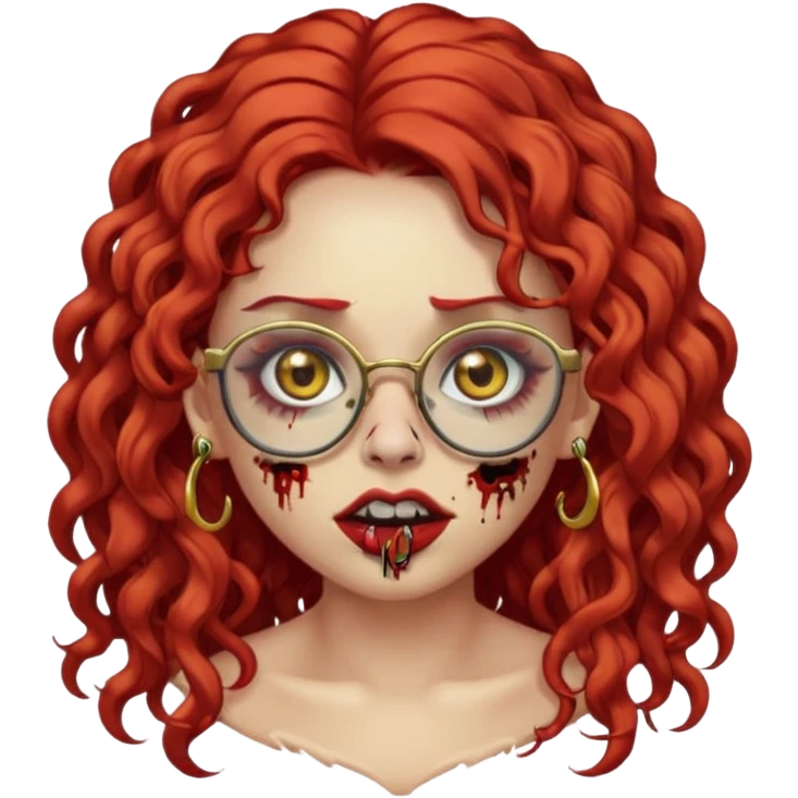 zombie girl emoji with long red curly hair, thick lashes, black glasses, gold nose piercings on each nostril, and a gold eyebrow piercing. emoji