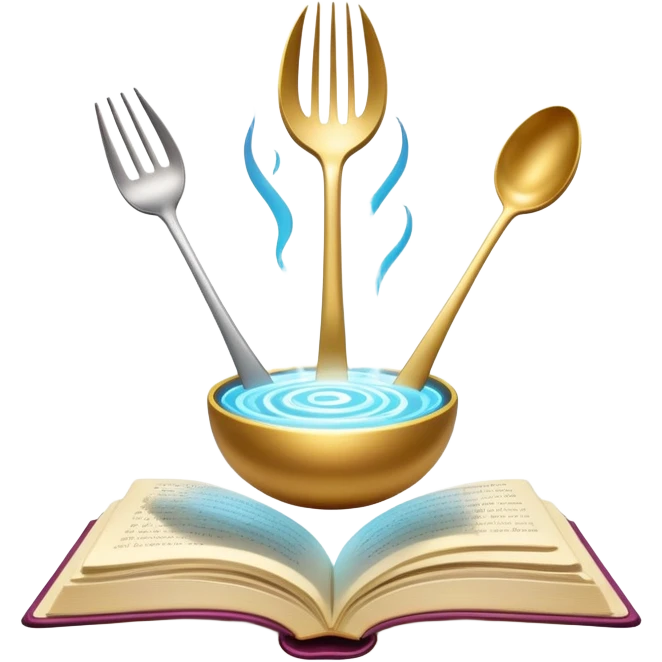 Ethereal floating cookbook with luminous aura, mystic fork and spoon symbol on cover radiating with magical energy, recipe collection emoji