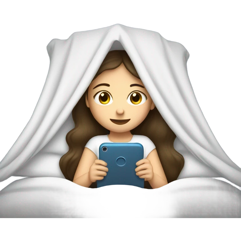White brunette girl snuggled in canopy bed on phone  emoji