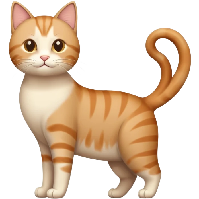 standing cat with tail raised, soft brown and beige colors, friendly calm expression, natural pose, warm lighting, flat illustration emoji