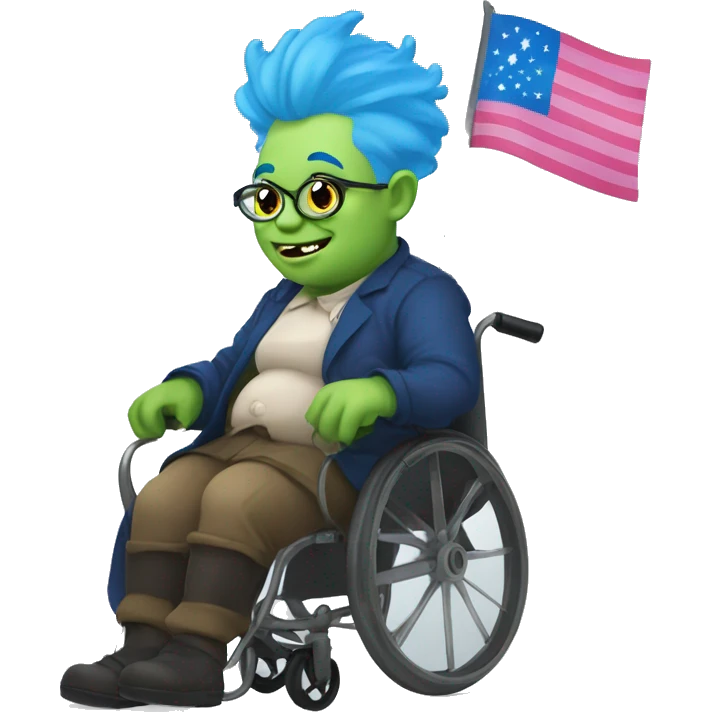fat gay ugly goblin barista in a wheel chair. trans flag background . blue hair emoji