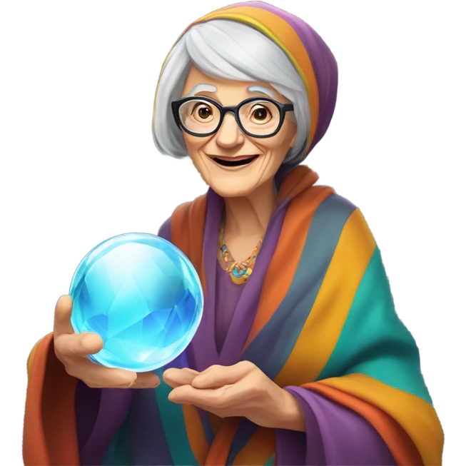 Wise Old Lady Fortune teller with crystal ball looking into the camera smiling emoji