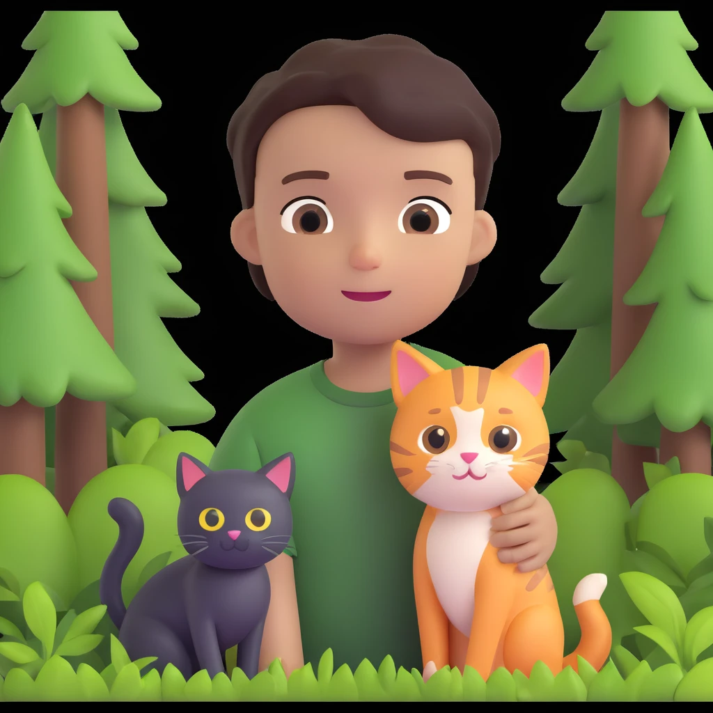 boy and cat pet in forrest background, close up pose emoji