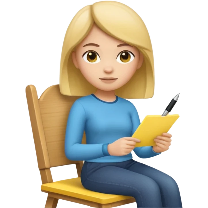 Memoji girl sitting on a chair writing on a sticky note emoji