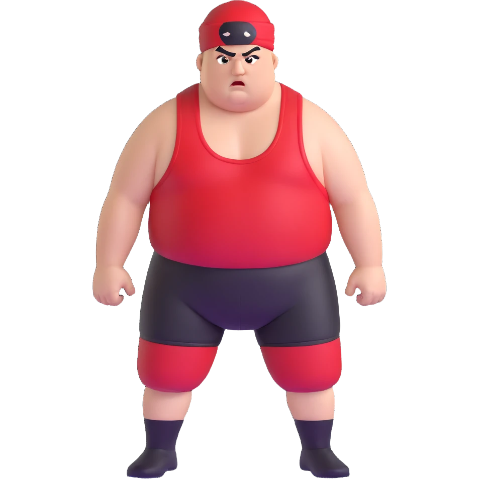 Close-up of white skin fat guy with prominent black durag, completely shaved face, no beard or mustache, black eyes in a red and black wrestling singlet with angry face emoji