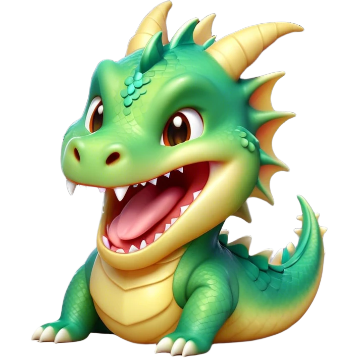 Cinematic Cute Yawning Dragon Portrait Emoji, Head tilted slightly with a dramatic, wide-open yawn, showcasing a soft, lustrous scaled body with gently drooping fins and half-closed, drowsy eyes, Simplified yet irresistibly adorable features, highly detailed, glowing with a soft, cozy mythical glow, high shine, relaxed yet expressive, stylized with a dash of fantastical charm, soft glowing outline, capturing the essence of a sleepy yet affectionate dragon that seems ready to stretch out and rest in its enchanted lair! emoji