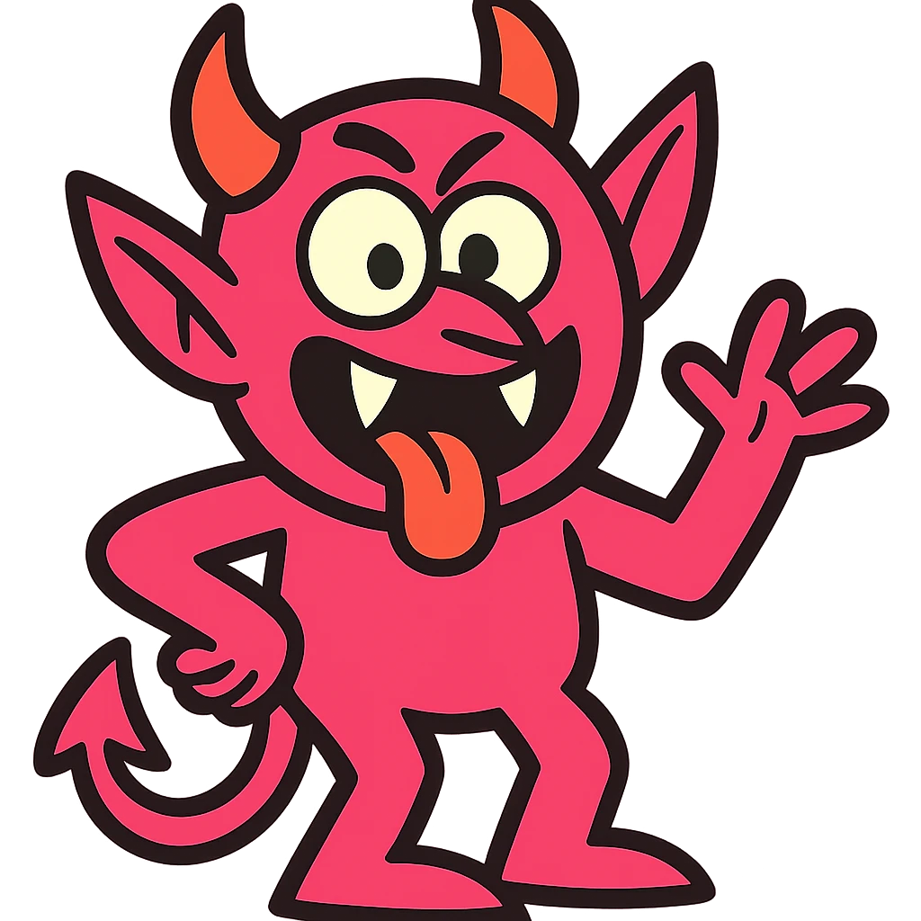 pink devil with funny and exaggerated facial expression emoji