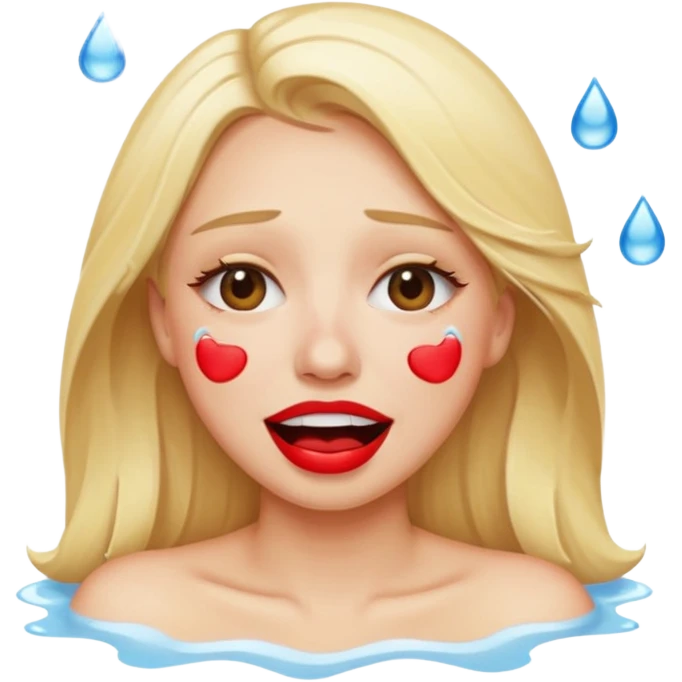blonde having crying emoji tears (water-emoji) from hard laughter. really happy in general, happy eyes. red lipstick emoji