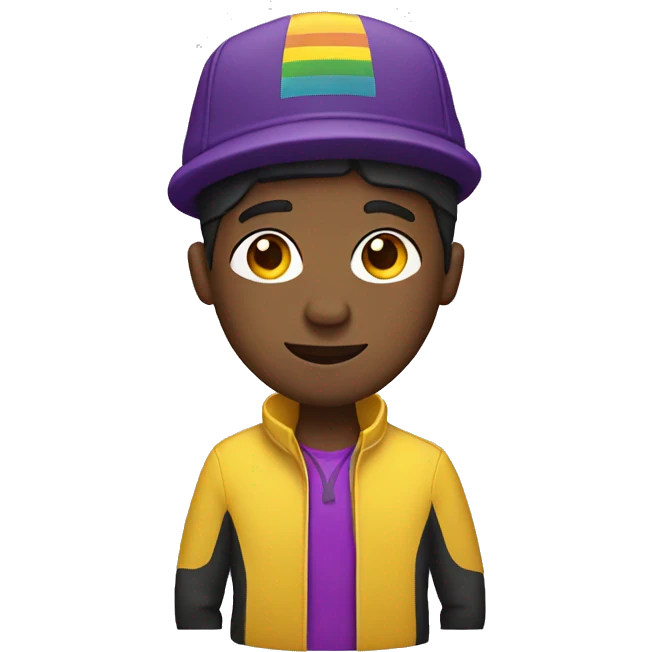 Black gay man with yellow jacket and purple hat emoji