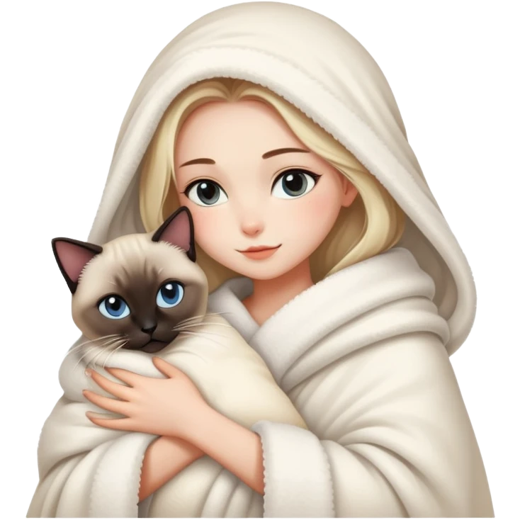 A beautiful girl wrapped in a fluffy blanket hugs a Siamese cat emoji