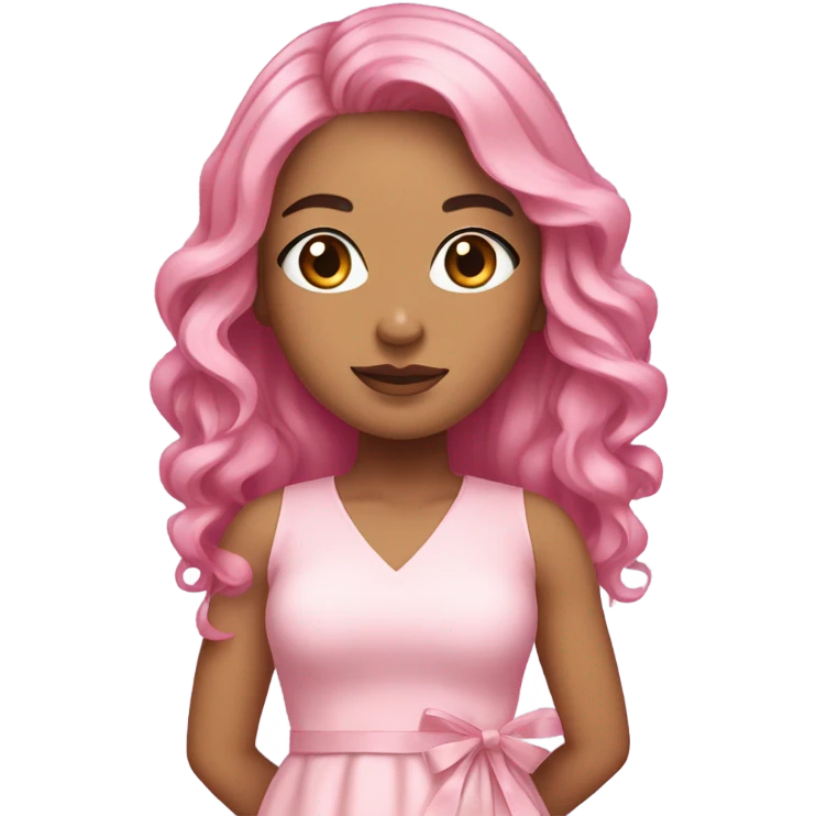 Karina aespa with pink hair, wearing a light pink dress with a ribbon in the middle. Her hair is a beautiful layered model. emoji