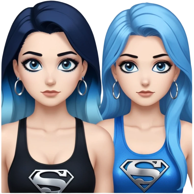 Full body-very very large chest-gorgeous face-black leggings-very long very straight dark blue to light blue ombre hair-and-blue eyes-a lot of black eyeliner-thick long eyelashes-sky blue low cut tanktop with glitter superman logo-silver hoop earrings emoji