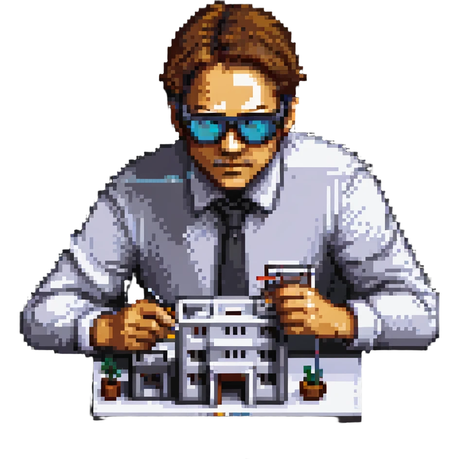 architect man making a model of a building wearing protective glasses emoji