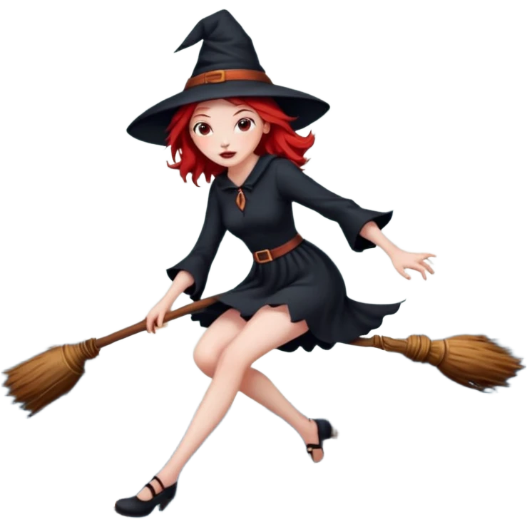witch with red hair flying , on the background - full moon and black birds, должна сидеть на метле, ноги не касаются краев изображения emoji