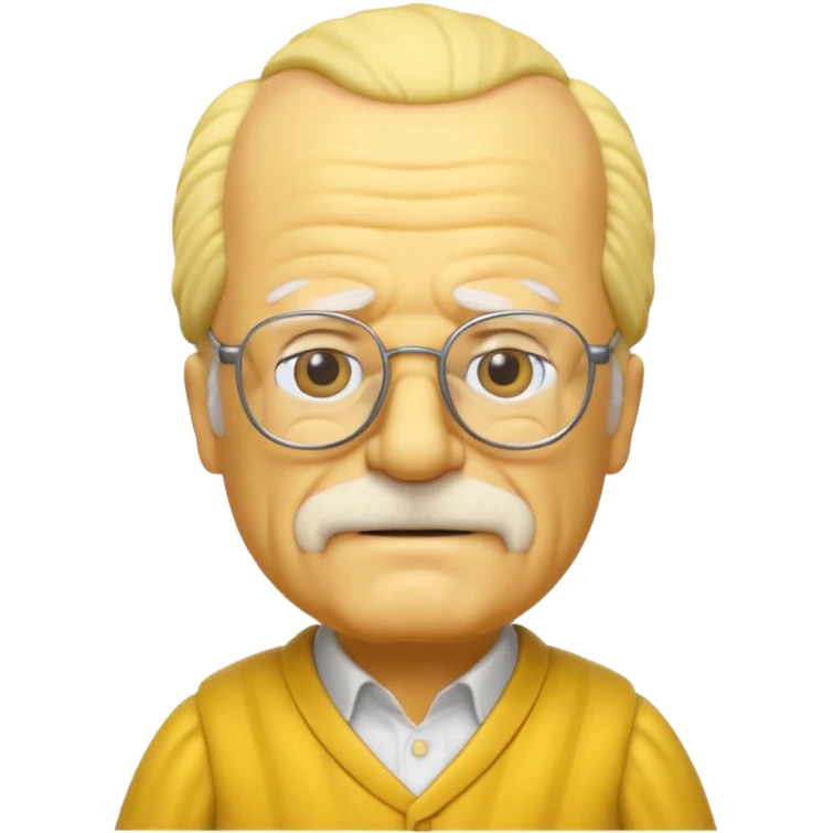 A 3D cartoon close-up of Grandpa Abe Simpson from The Simpsons, rendered in Memoji-style with bald yellow head, white tufts of hair on the sides, wrinkled face, glasses, and warm lighting. Match the Simpsons family color tone and style, yellow dress. emoji