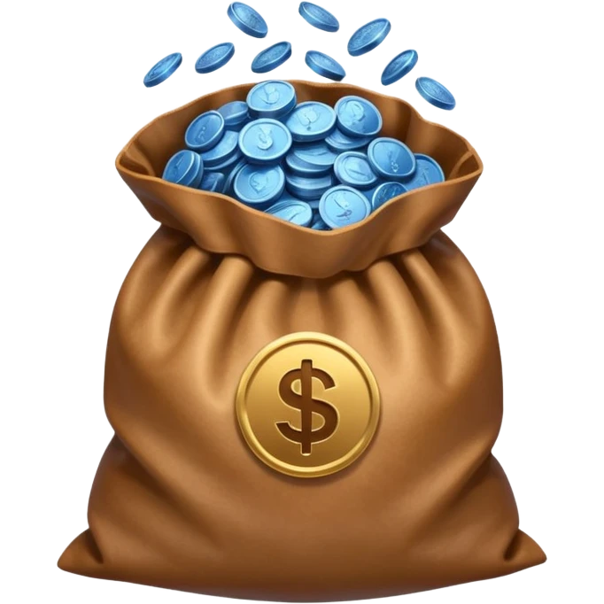 blue coins inside an opened brown money bag  emoji