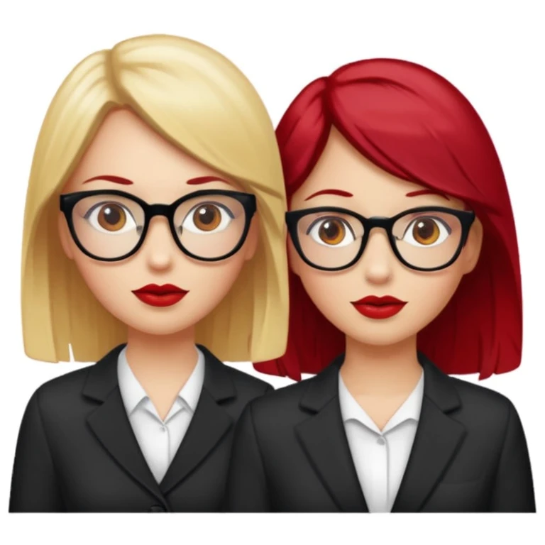 Two white girls, one has blonde hair, brown eyes and glasses and the other one has cherry red hair, brown eyes and red lips emoji