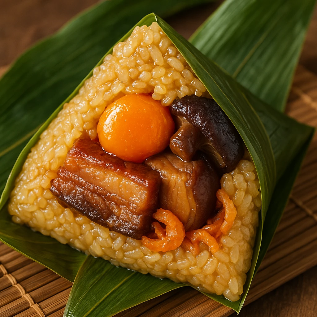 A close-up of a zongzi cut open, showing sticky rice, salted egg yolk, braised pork belly, mushroom, and dried shrimp, wrapped in green bamboo leaves, festive for Dragon Boat Festival. emoji