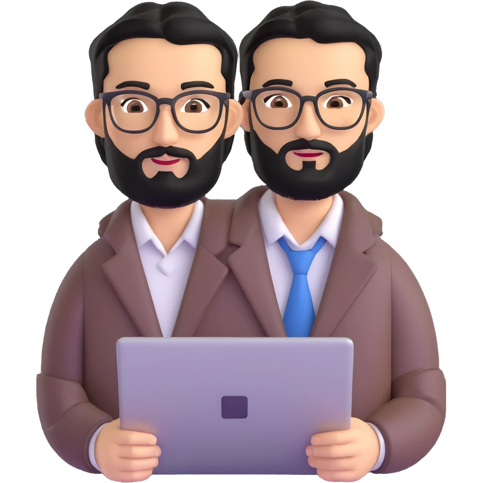 neat well-groomed man with medium black beard, tidy black hair, connected unibrow, olive tan skin, brown eyes, stylish glasses, prominent nose, wearing crisp clean casual business attire, professionally holding a laptop emoji